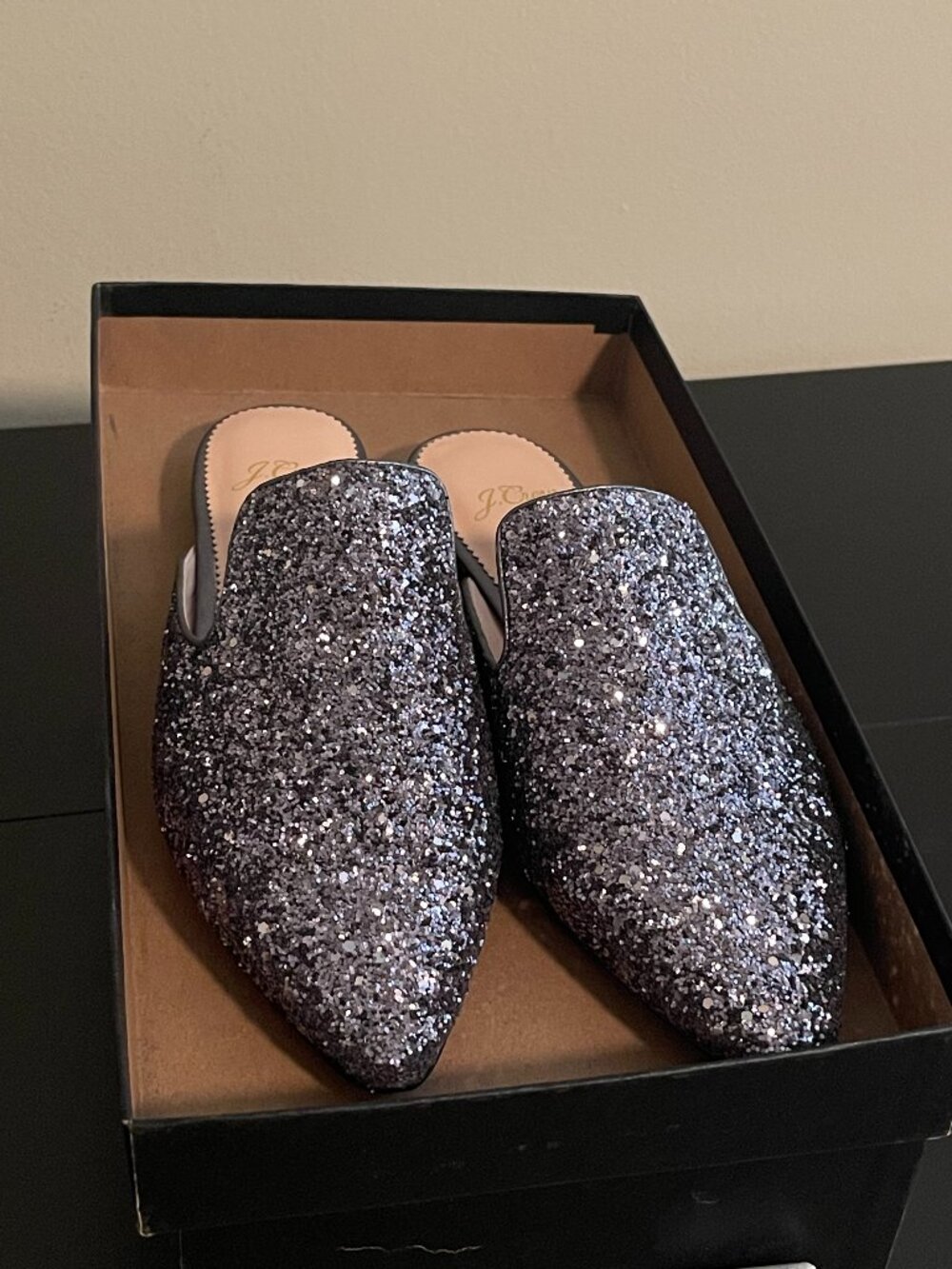J. Crew Silver Glitter Mules with Pointed Toe Sz 7.5